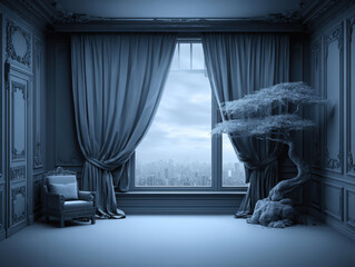 A serene minimalist room embodies solitude as a man decorates a slender artificial tree amid city lights.