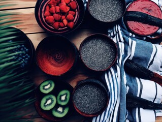 A vibrant flatlay of healthy acai bowls with fresh fruits and superfoods, ideal for wellness enthusiasts.