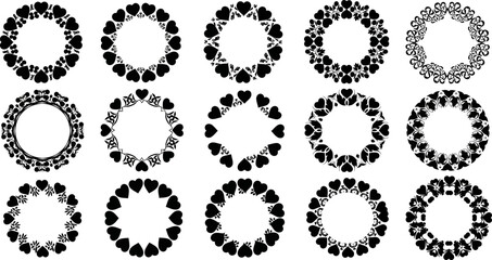 set of black heart shaped floral wreaths on white background