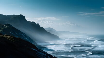 Naklejka premium Coastal Majesty - A Serene Vista of Cliffs, Ocean, and Sky in Tranquil Hues.