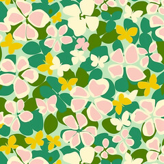 Seamless floral vector pattern with stylized spring flowers and butterflies in soft pastel colors, decorative nature background for textiles, wallpaper and design