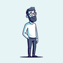Cartoon illustration of a smiling man with a beard and glasses, standing with one hand in his pocket, in a minimalist style.