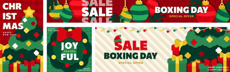 Set of flat Christmas banners. Boxing Day sale and New Year 2026 headers, cards with cartoon Xmas tree, wreath, gifts, baubles, ornaments. Modern geometric graphics for website promotion and marketing