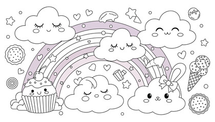 Whimsical cloud friends under a colorful rainbow