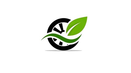 Fototapeta premium Eco-Friendly Tire and Wheel Logo with Green Leaf