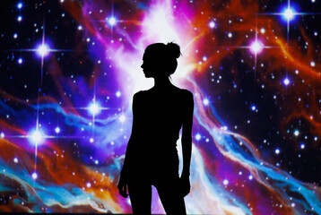 A woman's silhouette against a cosmic backdrop of stars and galaxies. Conceptual representation of mental health and inner strength.