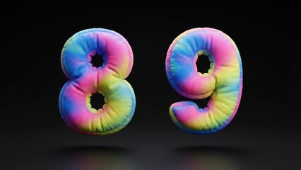 Soft colorful numbers eight and nine float in dark space.