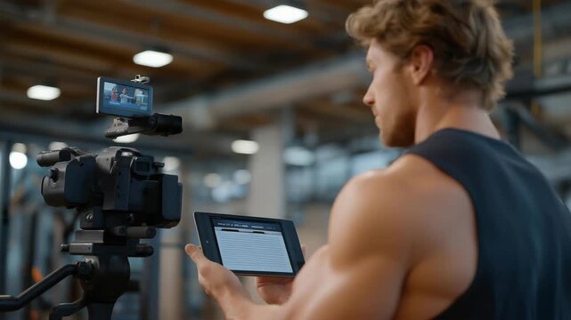 A fitness coach filming a subscriber-only workout session, camera mounted overhead while chat bubbles appear on a tablet nearby &mdash; exclusive content creation, subscriber perks, and virtual fitness