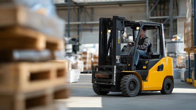 A forklift operator performing a tight warehouse maneuver between towering pallets, LED headlights cutting through dust as the machine pivots flawlessly &mdash; logistics mastery, industrial efficiency,
