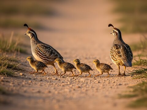 Quail Family Walking on Dirt Path in Sunlight - Powered by Adobe
