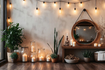 Decorative space with plants, candles, and a mirror in a cozy room with warm lights. Boho interior in the meditation room.