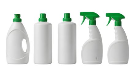 Collection of Cleaning Bottles with Green Caps and Sprayers Isolated on transparent background