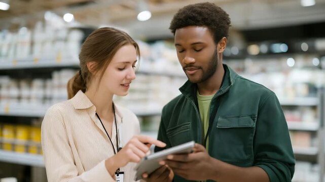 A retail supervisor guiding a new associate through digital inventory checks on a handheld scanner, bright aisle lighting reflecting off neatly organized shelves &mdash; real-time stock management,