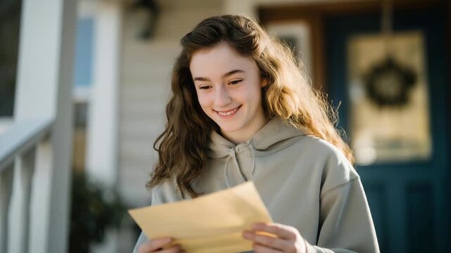 A student opening a college acceptance letter on their front porch, dropping to their knees in joyful shock as sunlight floods the envelope &mdash; life-changing news, emotional reaction, and milestone