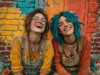 Two artistic young women covered in paint laugh joyfully in front of colorful mural wall, symbolizing friendship, creativity, and freedom.
