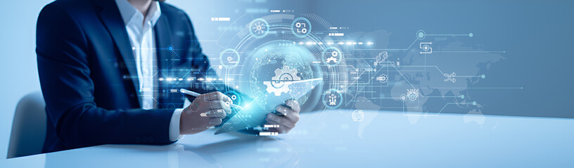 Settings concept. Industry person using tablet and analysis settings configuration, settings data...