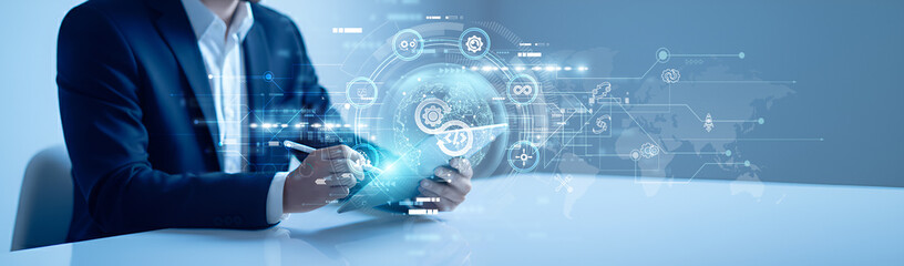 DevOps concept. Industry person using tablet and analysis DevOps pipeline, DevOps data graph...