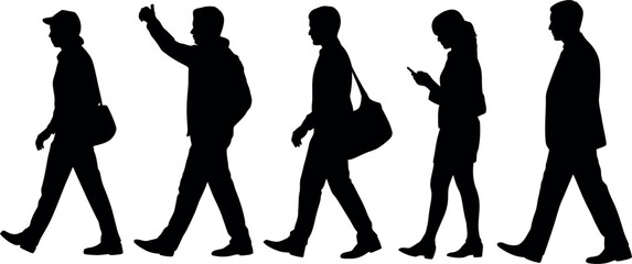 Silhouettes of people walking in different poses on white background