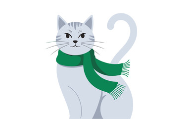 Adorable domestic kitten with neck warmer, flat design feline mascot isolated icon.