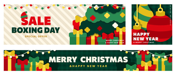 Christmas and New Year 2026 vector banner, card set with flat illustrations: Boxing Day gifts, decorated Xmas tree, snowman. Vertical posters for holiday greetings, sales designs, social media, print