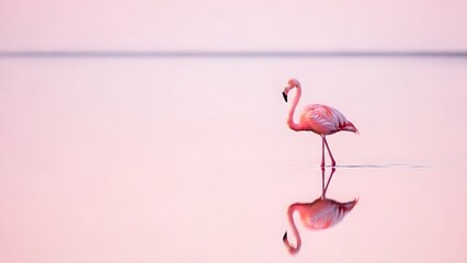Elegant pink flamingo reflected in tranquil water at sunrise, serene pastel background