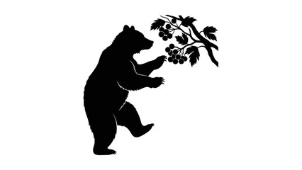 Fototapeta premium Silhouette of a bear reaching for berries on a branch in a minimalistic black and white design