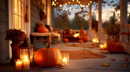 Obraz premium Cozy Autumn Porch Scene with Pumpkins, Candles, and Warm Lighting for Fall Decor.