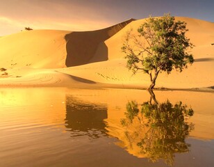 Desert landscape with water reflection and lone tree under sunlight