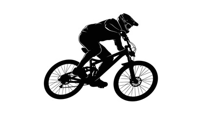 Silhouette of a mountain biker wearing protective gear riding a rugged trail bicycle during daytime