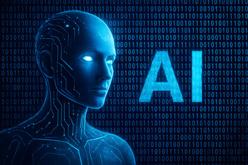 Human head with binary code digital technology background.