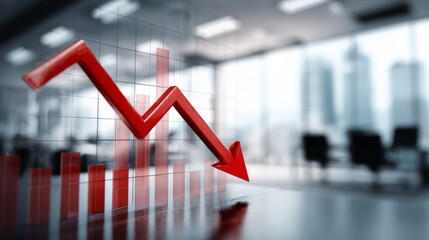 Red Arrow Downward Trend Graph on Glass Office Window with Cityscape in Background, Depicting Economic Decline and Financial Struggles