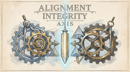 A whimsical illustration featuring gears interlocked with drawing compasses, balanced by a plumb bob. Geometric shapes accentuate the machinery. Text labels the design as about alignment.