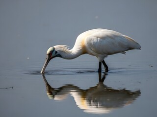 Spoonbill Bird Foraging in Shallow Water with Reflection