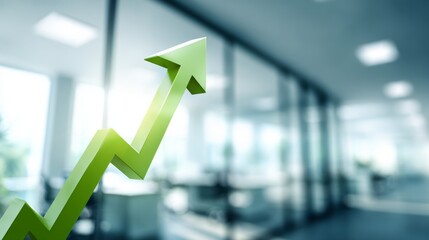 Green Arrow Symbolizing Growth and Success in Modern Office Environment with Blurred Background and Natural Light