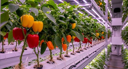 Illustration of hydroponic farm with rows of colorful bell pepper plants growing in a controlled environment with led lighting
