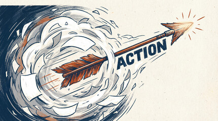 A vibrant arrow labeled ACTION strikes through whirling paper fragments, aiming towards a point of light, suggesting resolute progress.