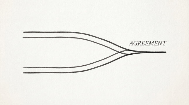 Two sets of parallel lines converge and merge into a single line, adjacent to the word AGREEMENT, suggesting a harmonious conclusion.