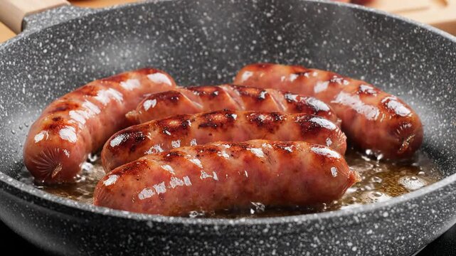 Delicious Sausages Sizzling in a Hot Pan Close Up Shot.