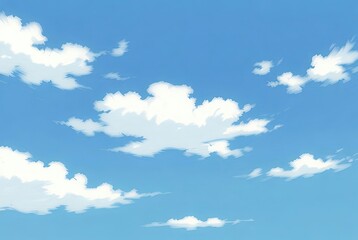 A vibrant anime-style depiction of a serene blue sky dotted with fluffy white cumulus clouds on a clear day