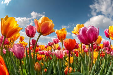 A vibrant field of colorful tulips blooms under a bright blue sky dotted with fluffy white clouds
