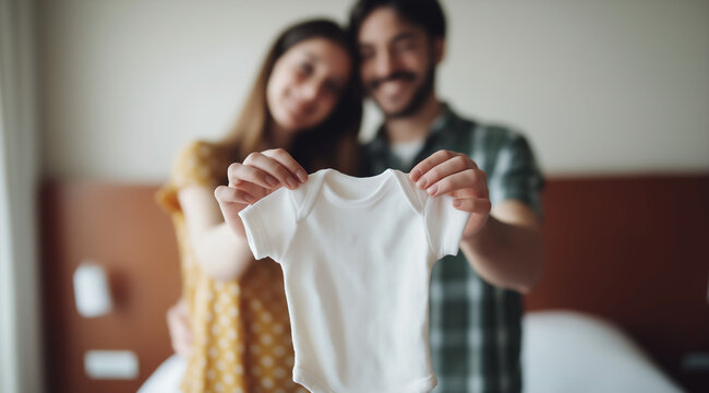 Happy couple holding a white baby bodysuit announcing their pregnancy - Powered by Adobe
