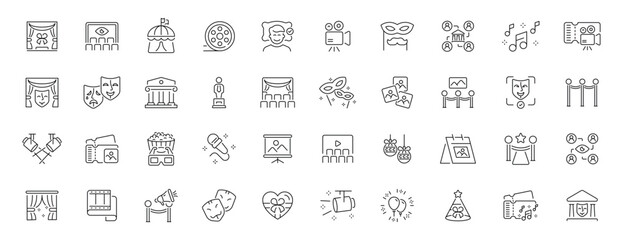Theatre icons set: editable line icons in outline style, drama and performance symbols