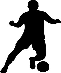 Soccer player silhouette controlling ball on field isolated vector illustration, footballer in action dynamic pose sport graphic, team training match athlete figure