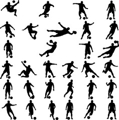 collection of soccer player silhouettes engaged in various actions including kicking passing diving and standing with ball against transparent background