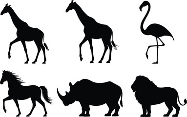 Wild savanna wildlife black shapes, exotic zoo creature icons, isolated vector silhouettes.