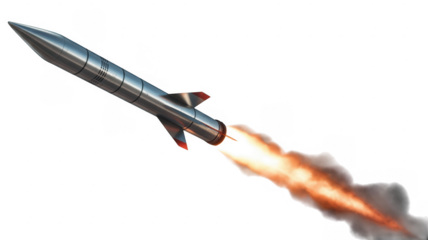 Silver Rocket with Flame fire propulsion isolated on a transparent background