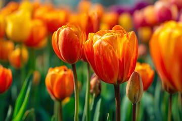 A field of vibrant orange and yellow tulips blooming in the sunlight their petals catching the light beautifully