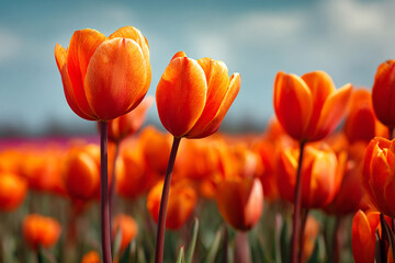 A field of vibrant orange tulips illuminated by soft sunlight against a blurred sky backdrop
