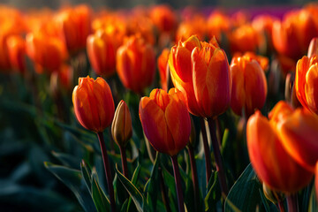 A vibrant field of tulips in red yellow and pink bloom under a bright blue sky