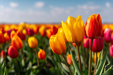 A vibrant field of tulips in red yellow and pink bloom under a bright blue sky